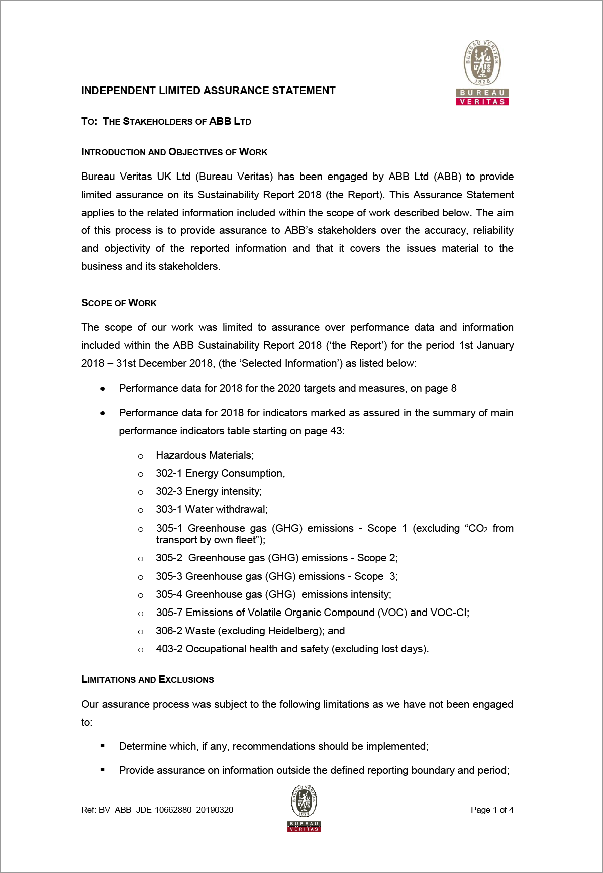 Bureau Veritas assurance statement – page 1 of 4 (document)