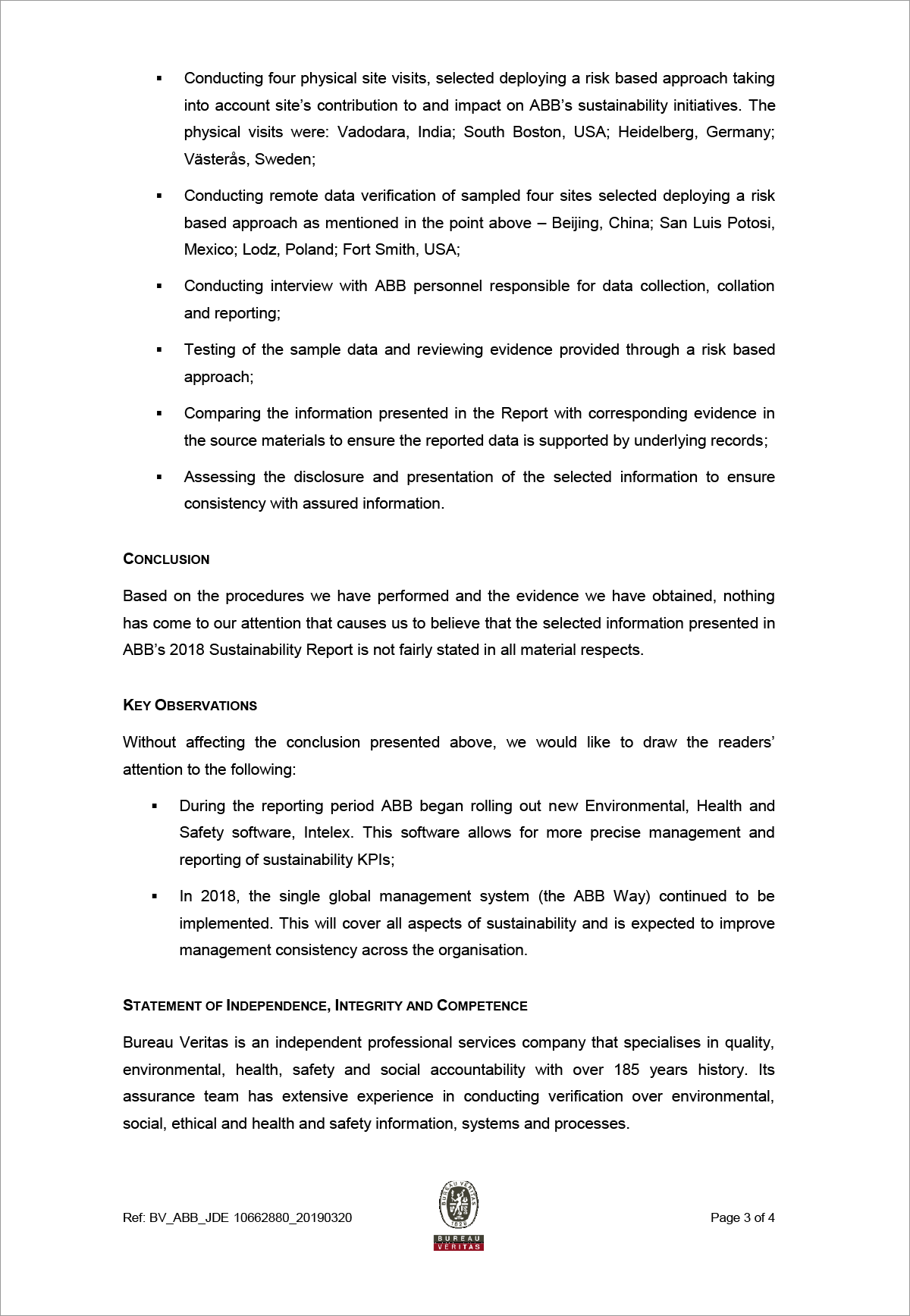 Bureau Veritas assurance statement– page 3 of 4 (document)