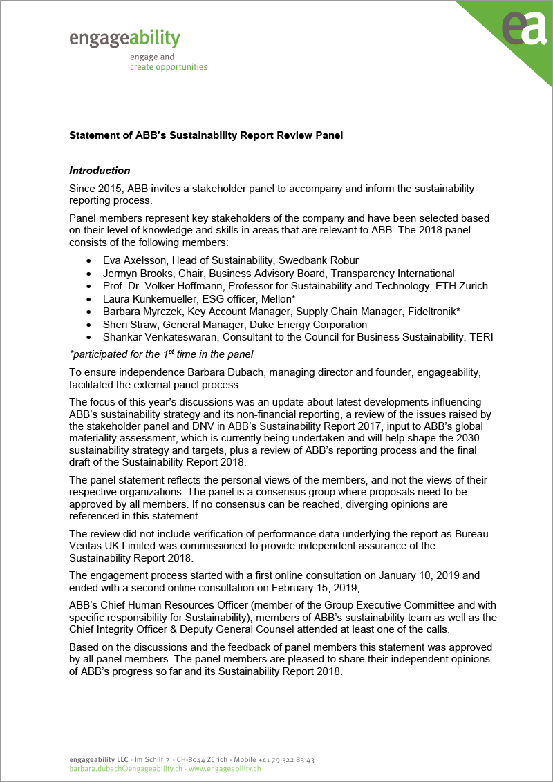 ABB Stakeholder Panel statement – page 1 of 4 (document)