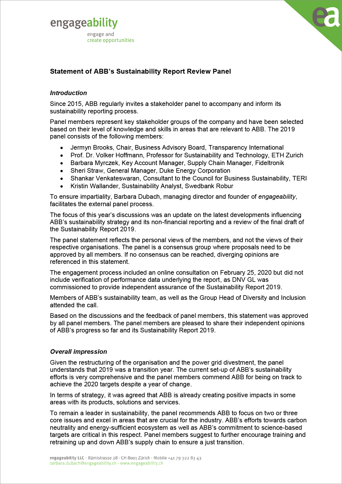 ABB Stakeholder Panel statement – page 1 of 3 (document)