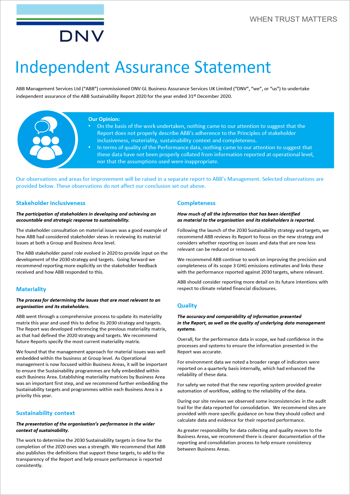 DNV GL assurance statement (page 1 of 2) (graphic)