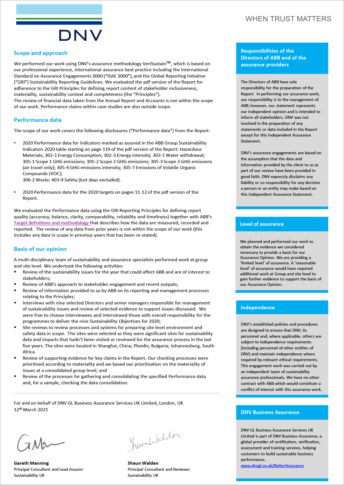 DNV GL assurance statement (page 2 of 2) (graphic)