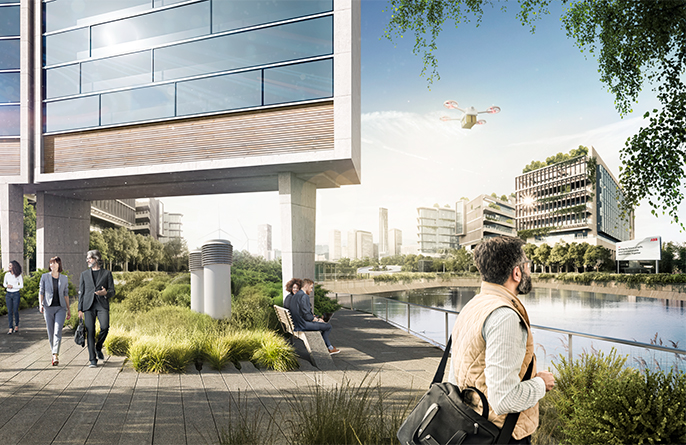 View of a sustainable city and people walking